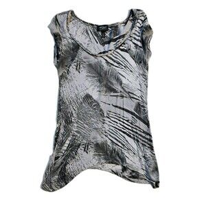 Silver Jeans Co. Women's L Feather Print Blouse Top Abstract Black Gray White